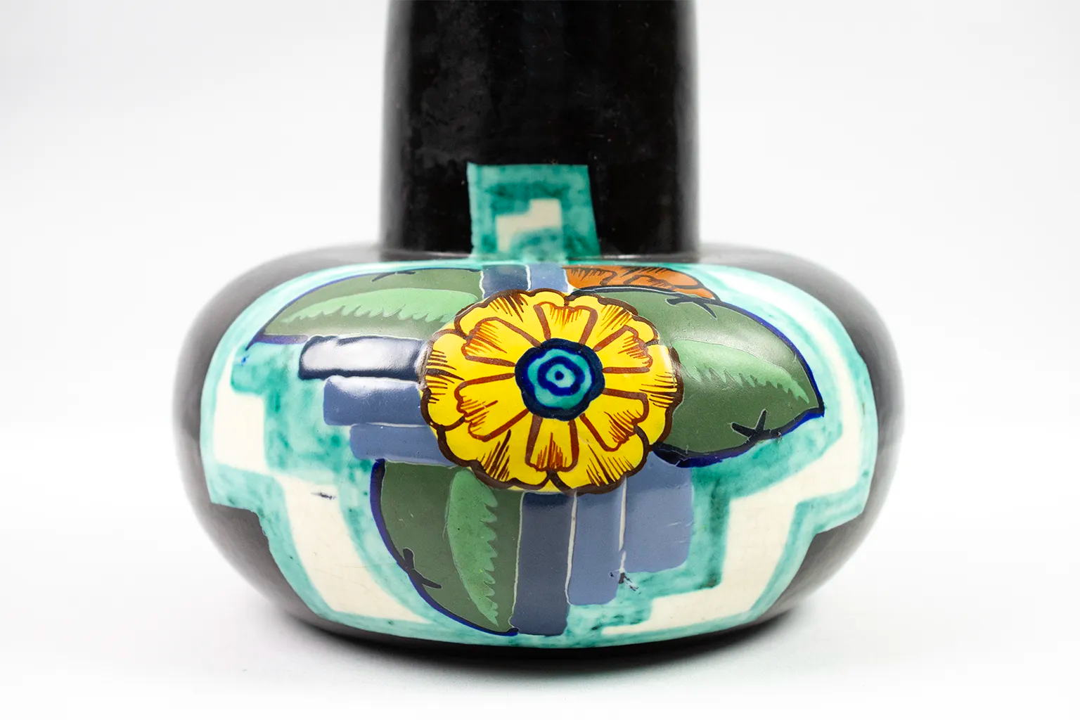 Art Deco Vase by Louis Dage – ceramic with floral decoration on a black background, 1930