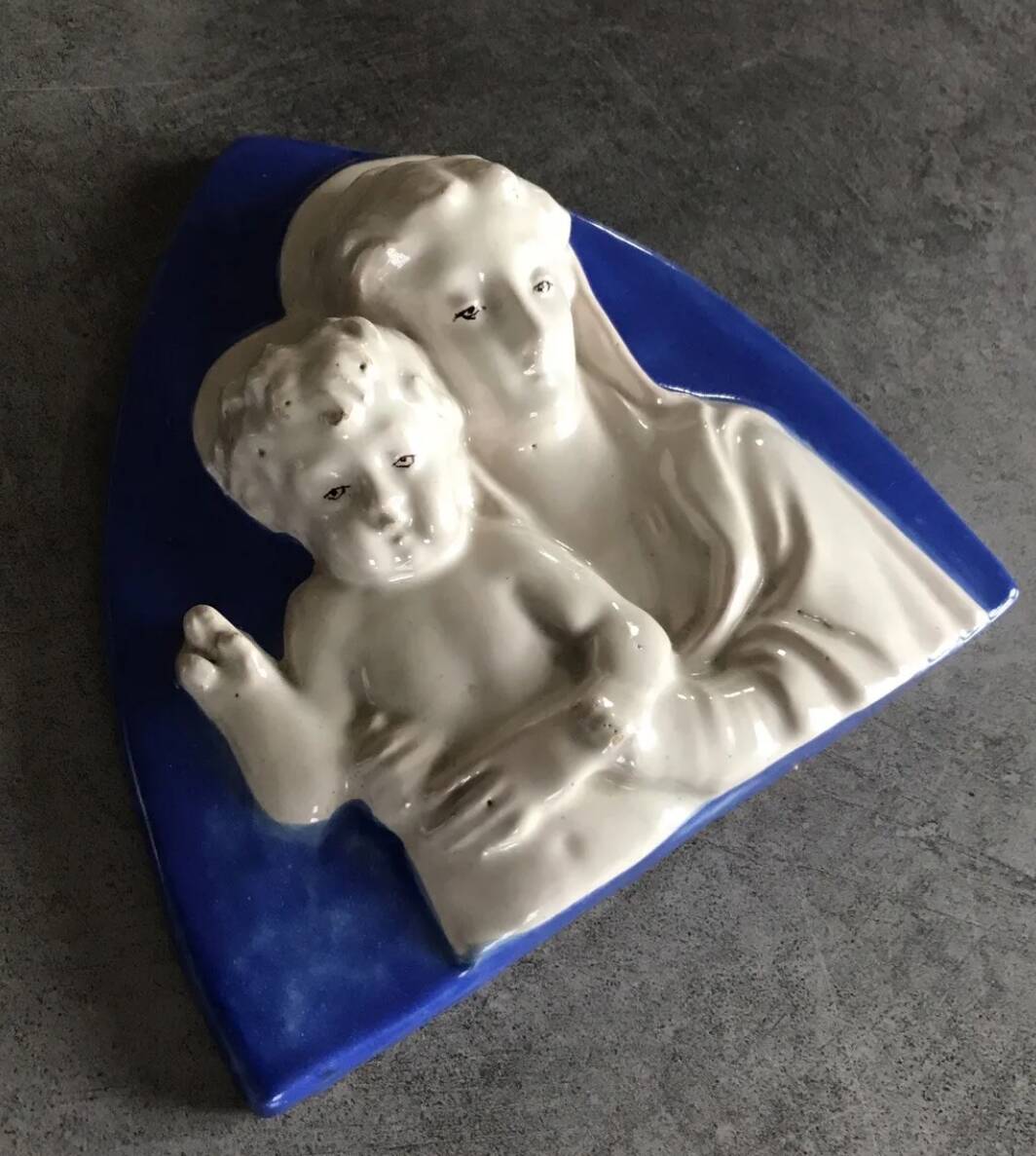 Religious bas-relief wall sculpture of the Virgin and Child signed Cantagalli