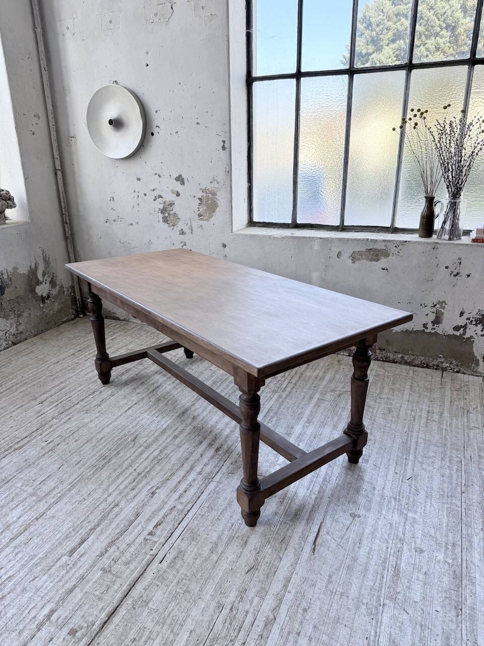 Farm table with turned legs, made of pine and birch, 180cm.