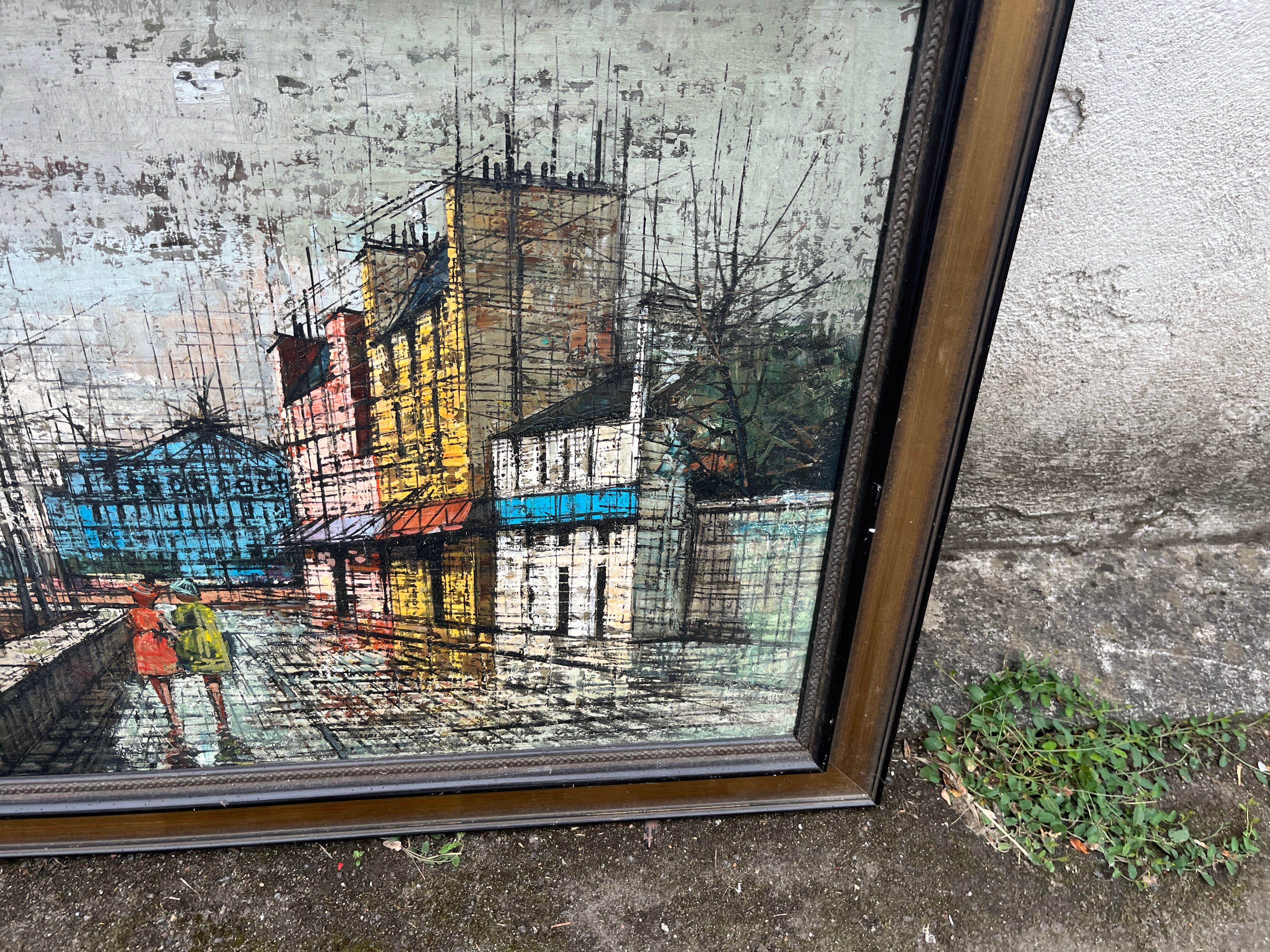 Grand tableau scene de rue urbaine esprit Bernard Buffet années 60