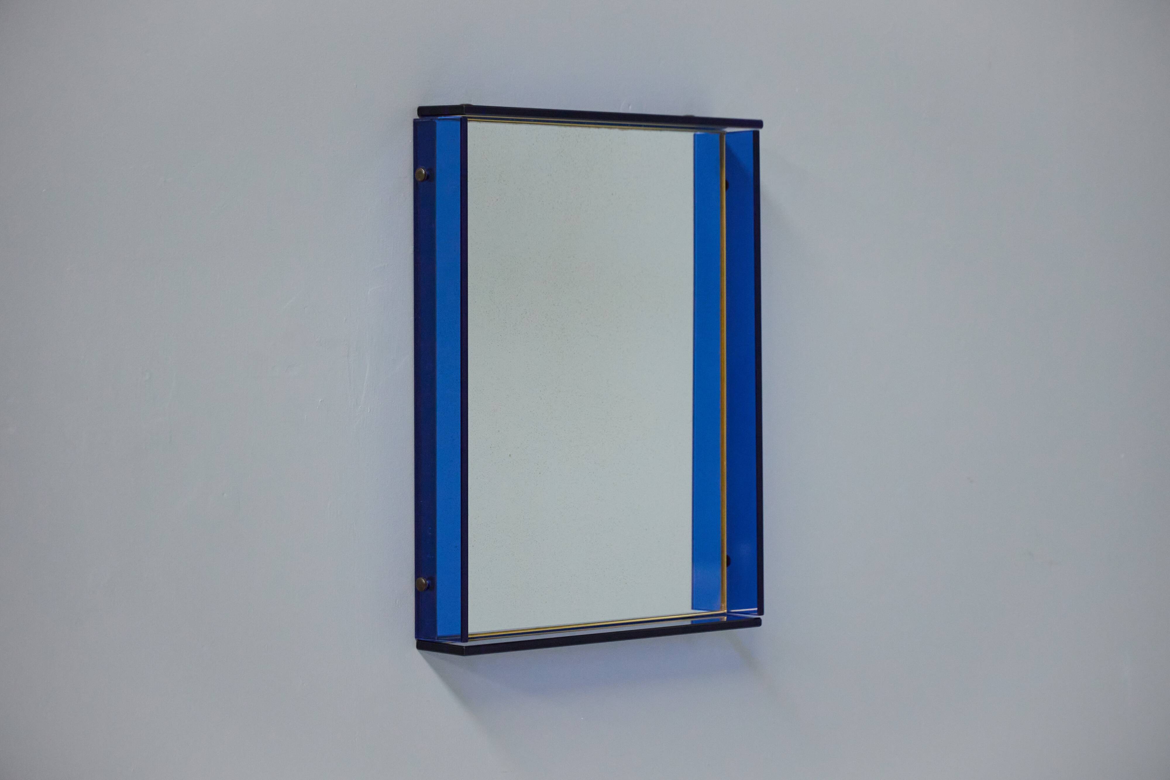 Blue Coloured and Mirrored Glass Wall Mirror, Italy, 1960s
