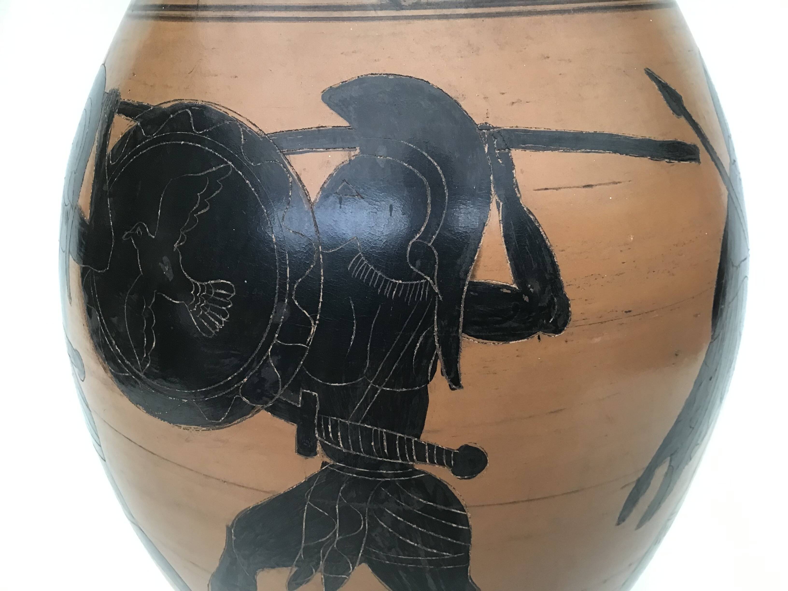 Reproduction of a Greek Attic-style black-figure vase depicting warriors