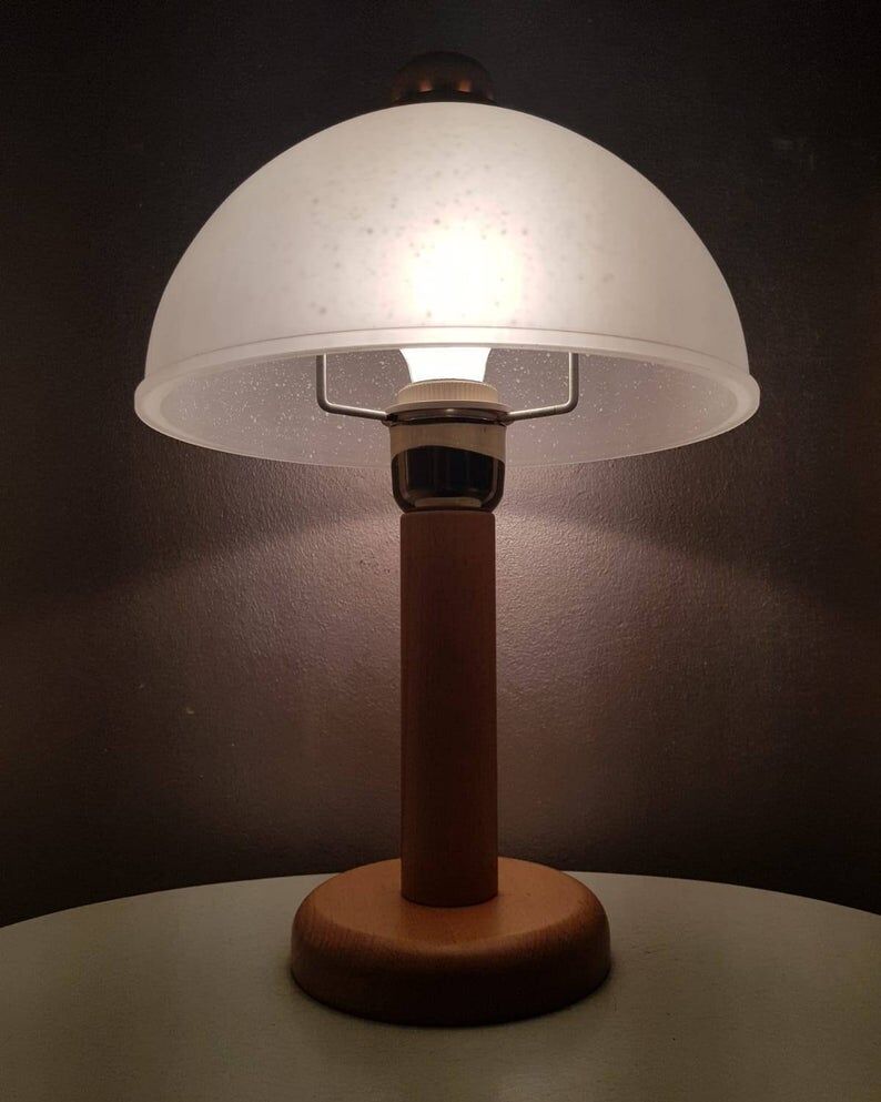 Vintage wooden table lamp with 1980 glass lampshade