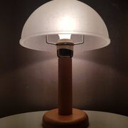 Vintage wooden table lamp with 1980 glass lampshade