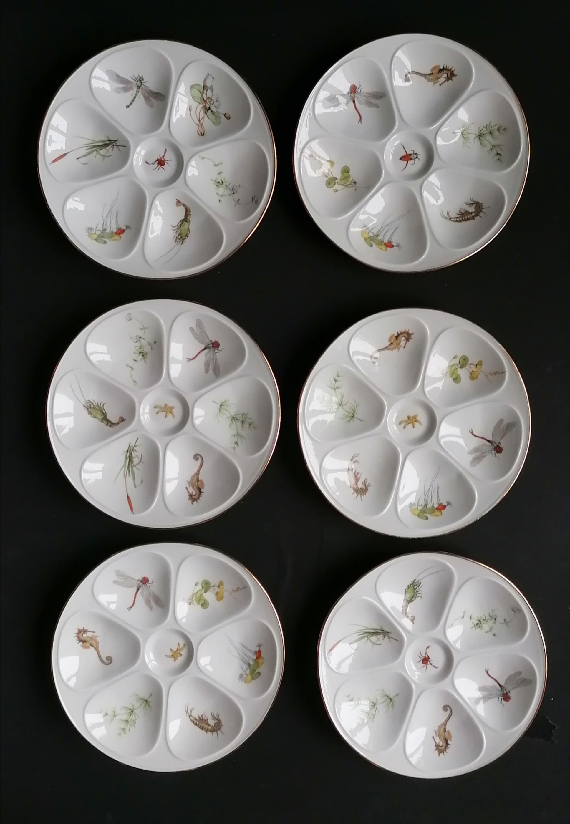 6 oyster plates fine porcelain Lourioux Foëcy