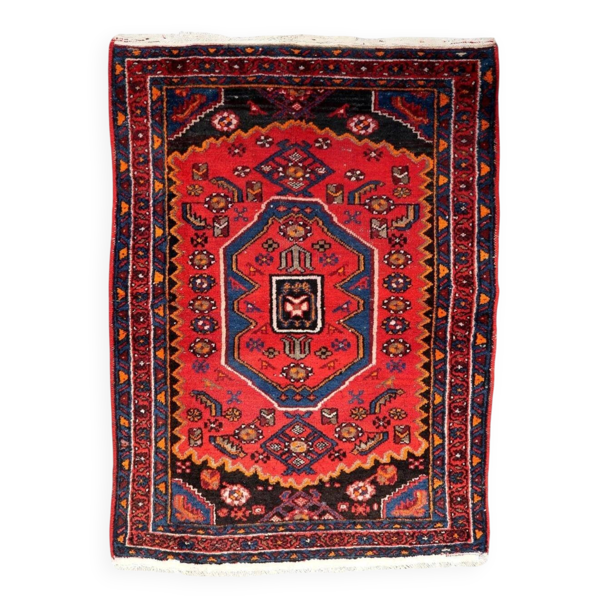 Vintage 1930s Persian Hamadan rug, geometric medallion, 105cm x 143cm (3'5" x 4'8") - 1C1276
