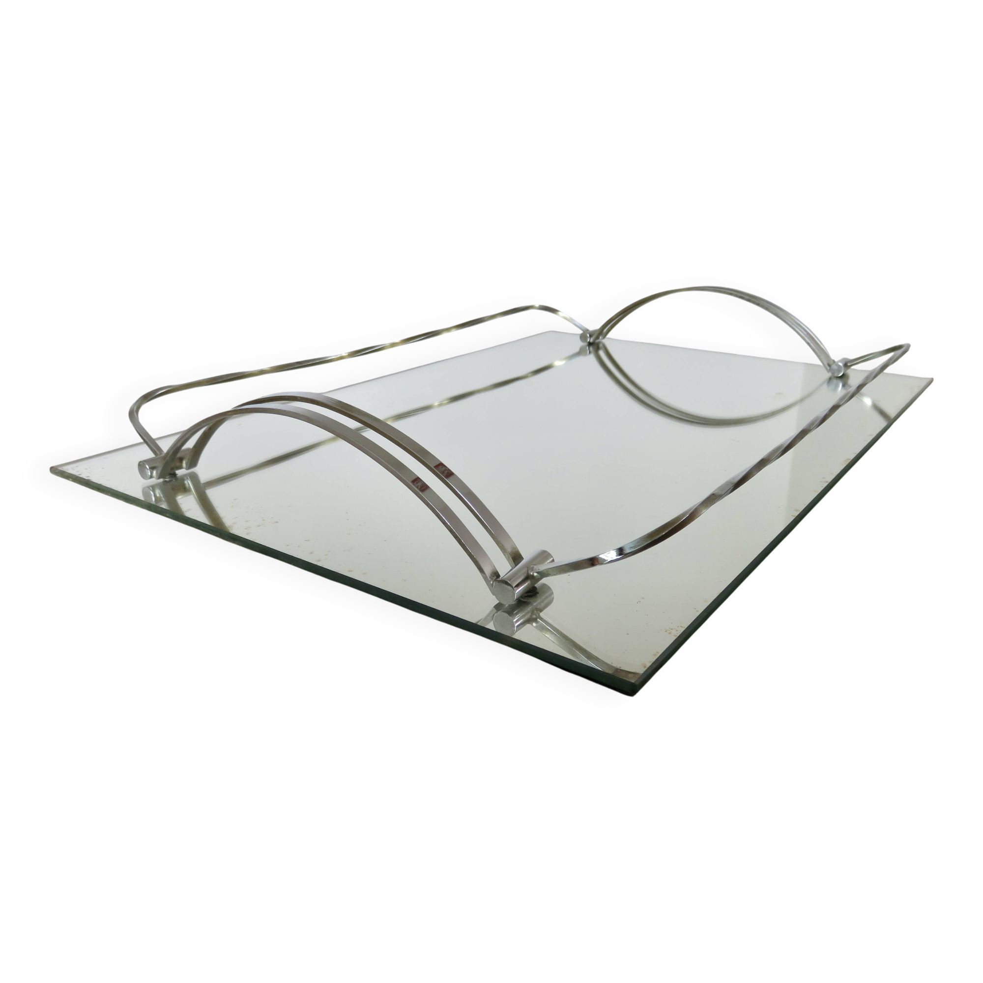 Ancien plateau miroir français en laiton chromé, art déco, années 20 30