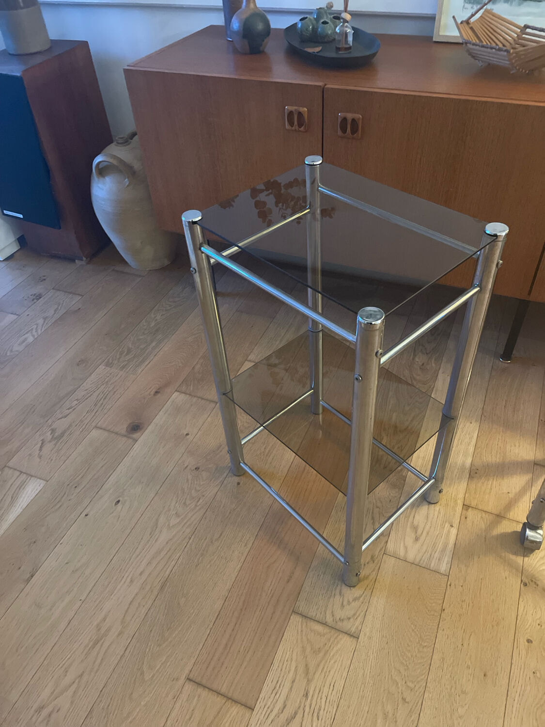 Chrome metal and glass side table