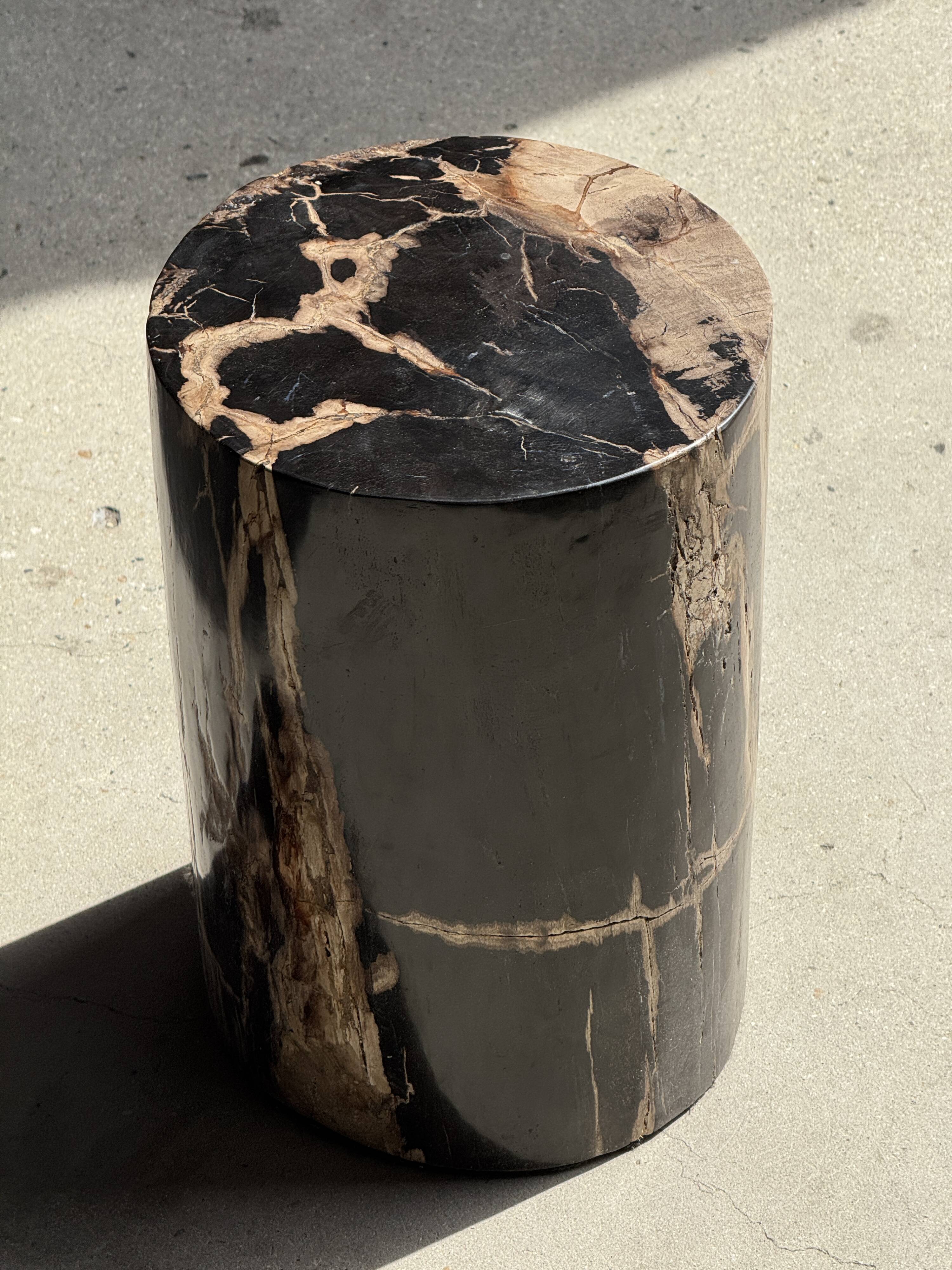 Black petrified wood side table with beige stripes and a semicircular shape.