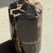 Black petrified wood side table with beige stripes and a semicircular shape.