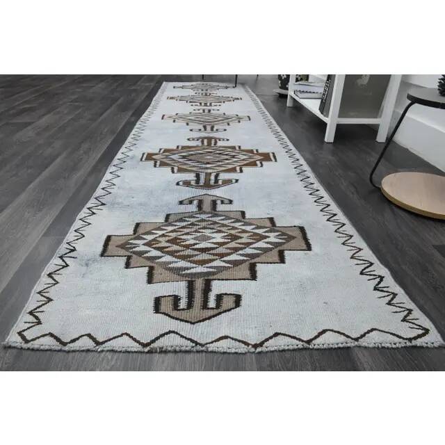 1970s Vintage Turkish Oushak Handmade Wool Cotton Blue Runner Rug 91x352