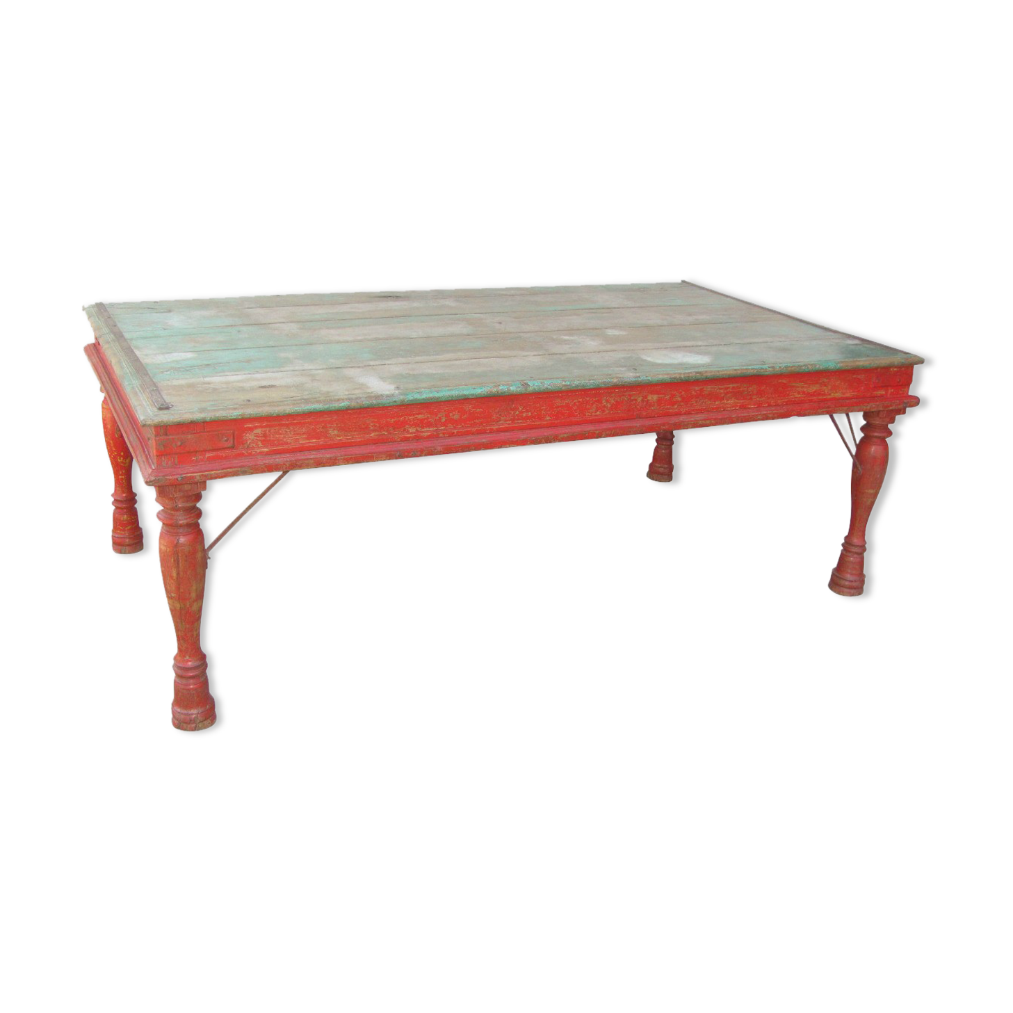 Table basse indienne en teck laqué verte et rouge