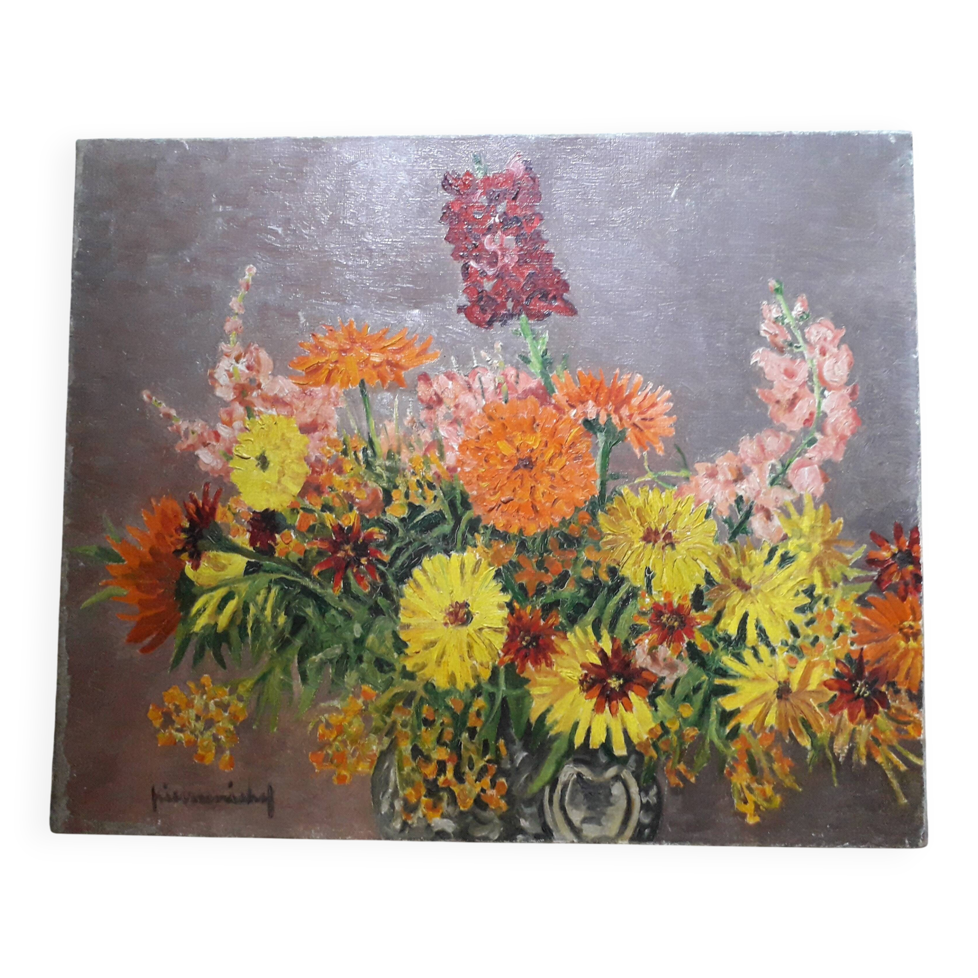 Ancient painting depicting a bouquet of flowers.