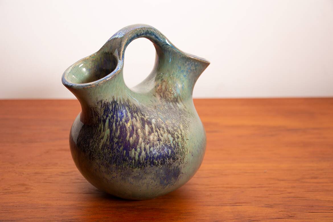 Art Deco double-necked vase in iridescent green flamed stoneware by Alphonse Cytère.