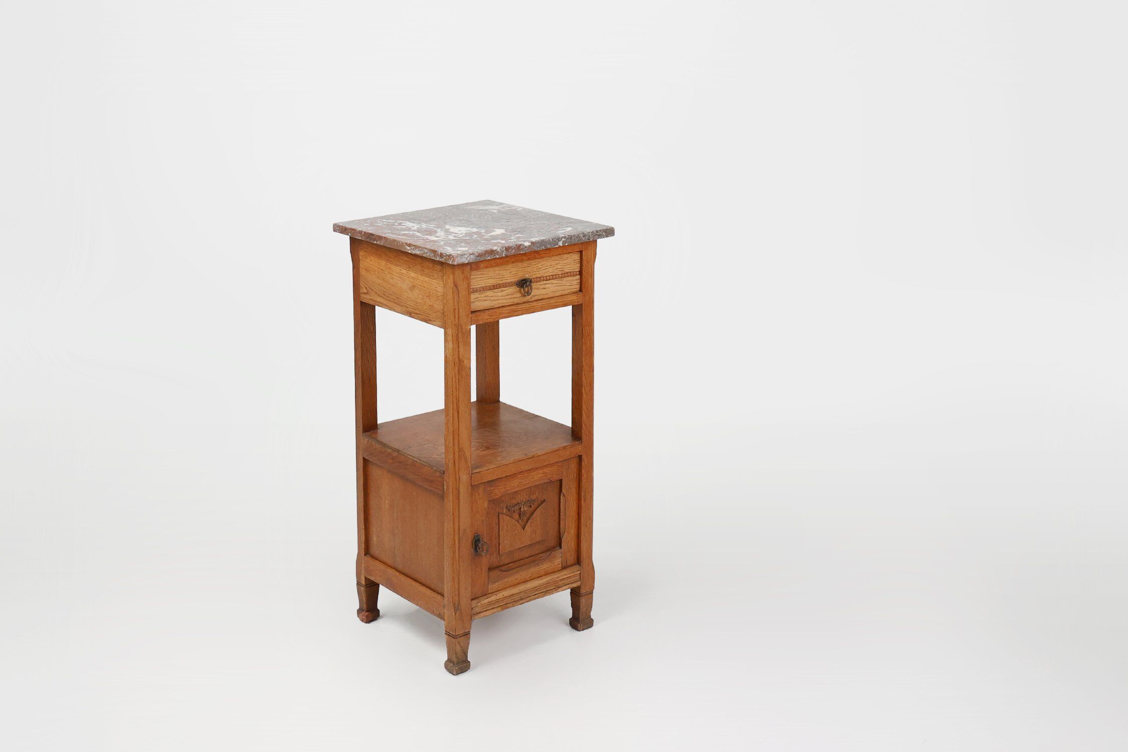 French Art Deco Nightstand in Oak with Pink Marble Top, 1930s