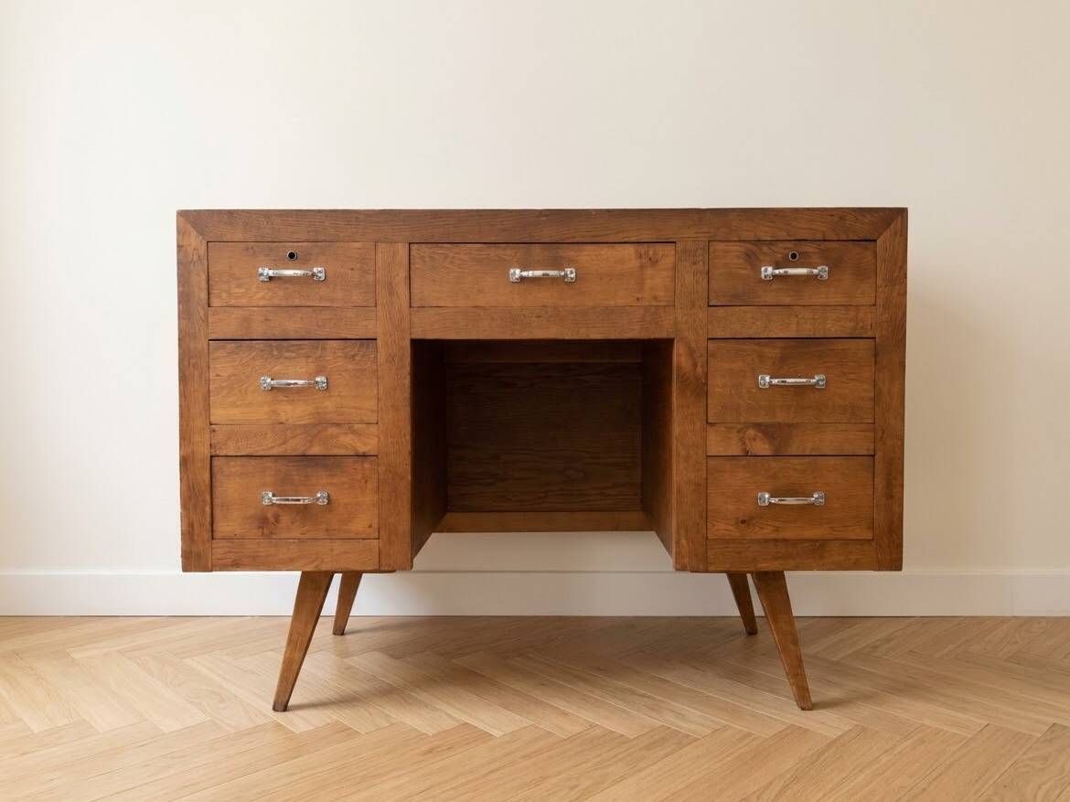 Vintage Scandinavian desk in waxed wood with 7 drawers.