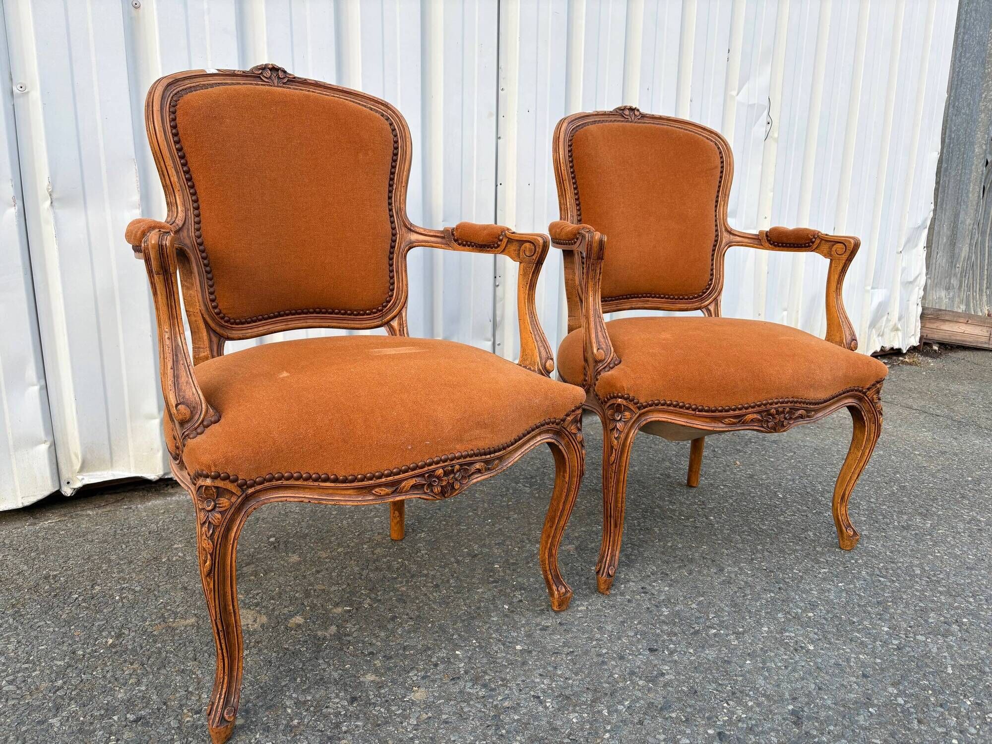 Pair of Louis XV style armchairs in ochre velvet