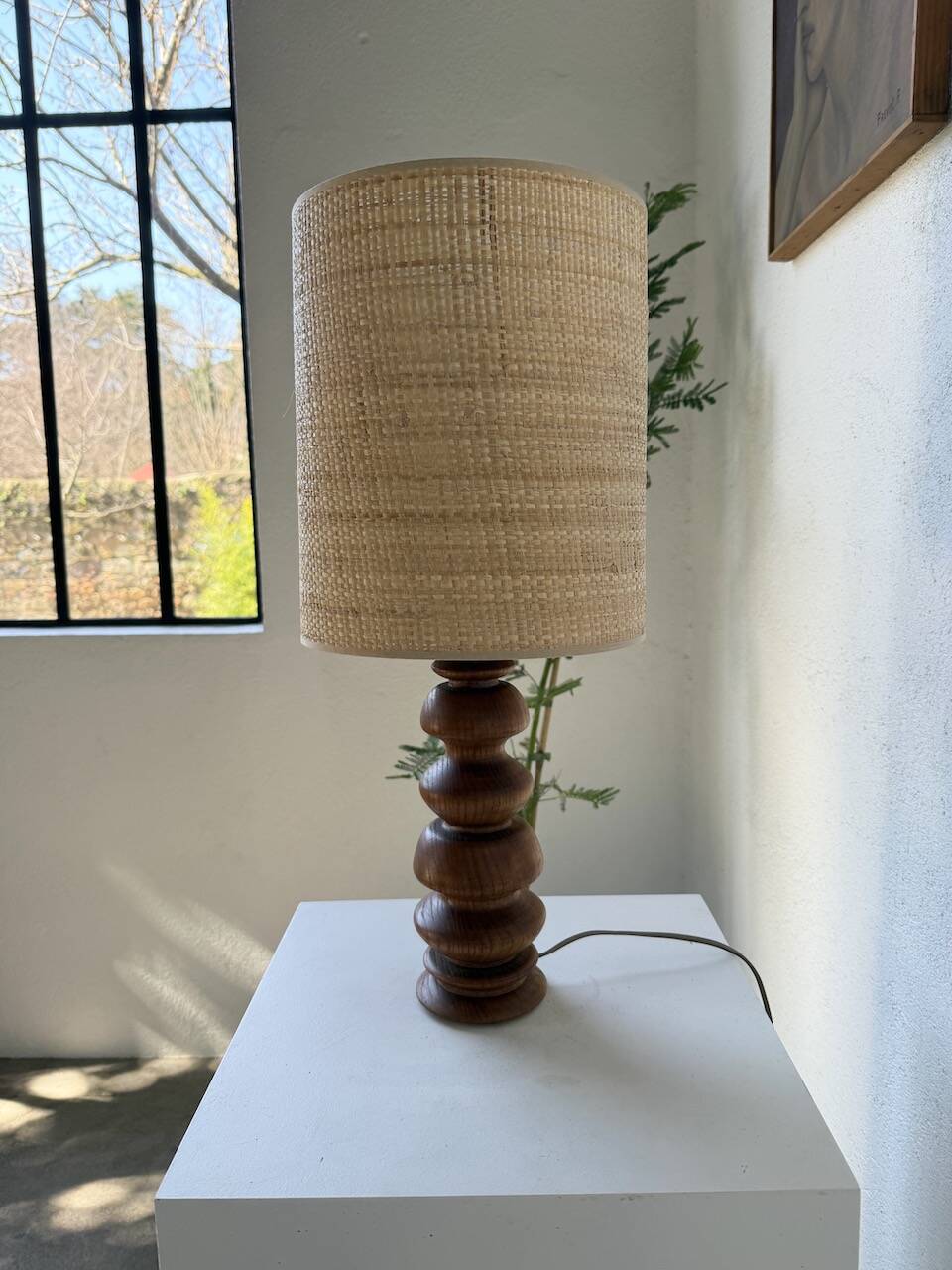 1950s turned oak wood table lamp