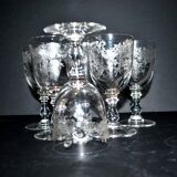 Saint-Louis set of 6 antique glasses with acid-etched rocaille and flower decoration 1920-30