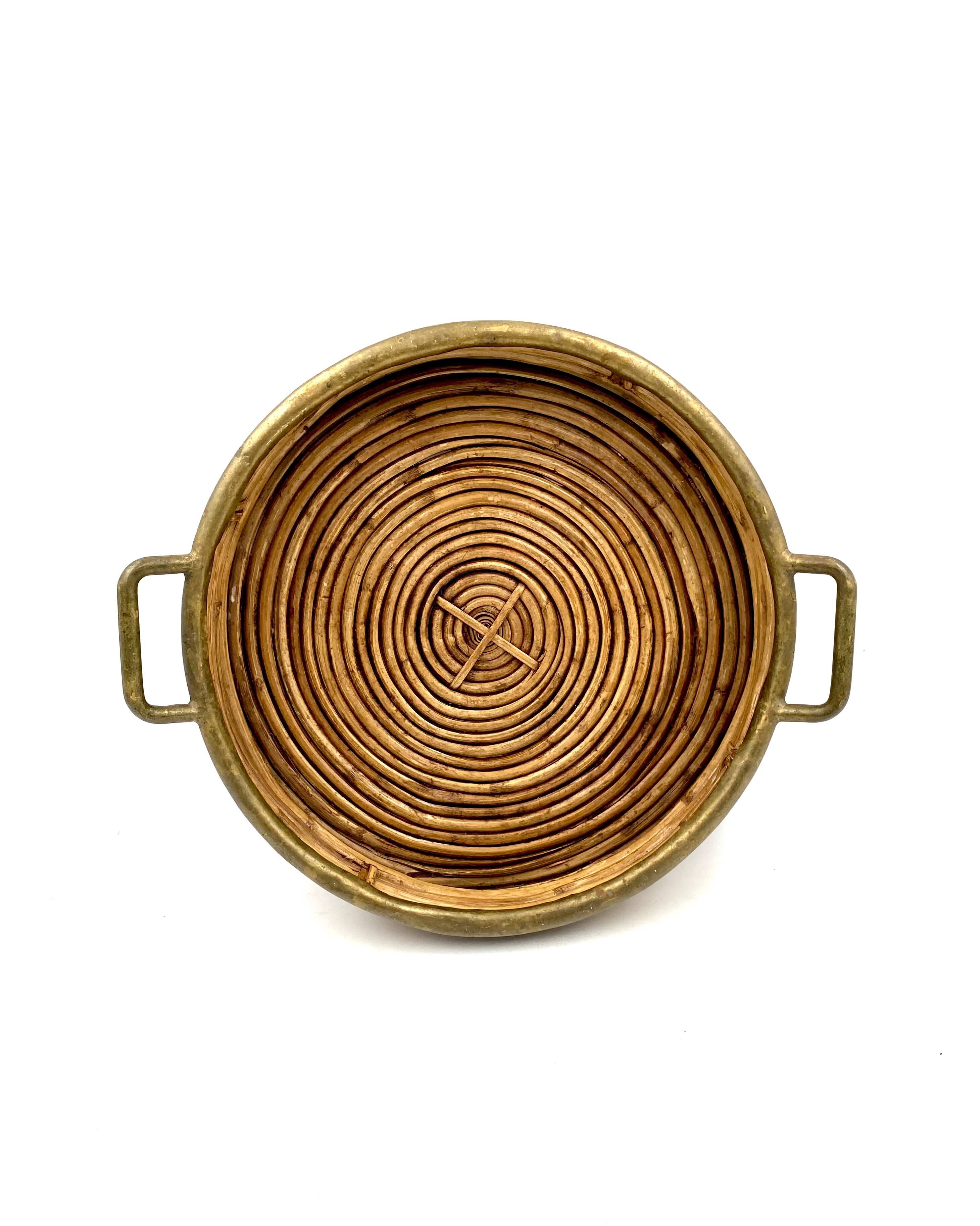 Hollywood regency brass and wicker vide poche, Italy ca. 1970