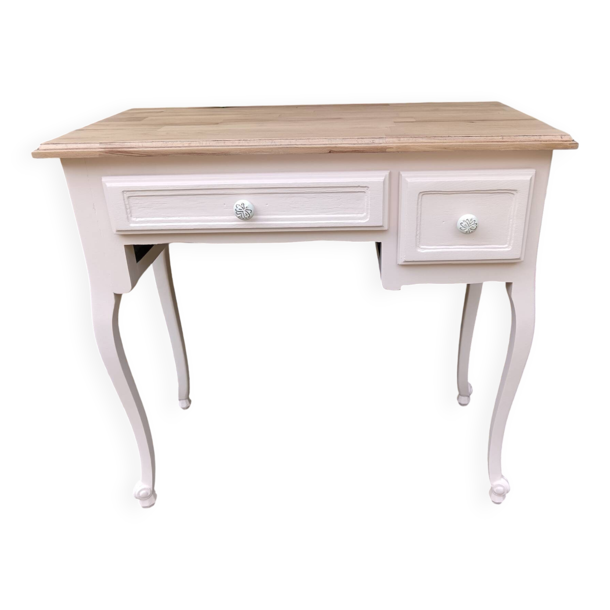 Console with 2 drawers, pink, wooden top.