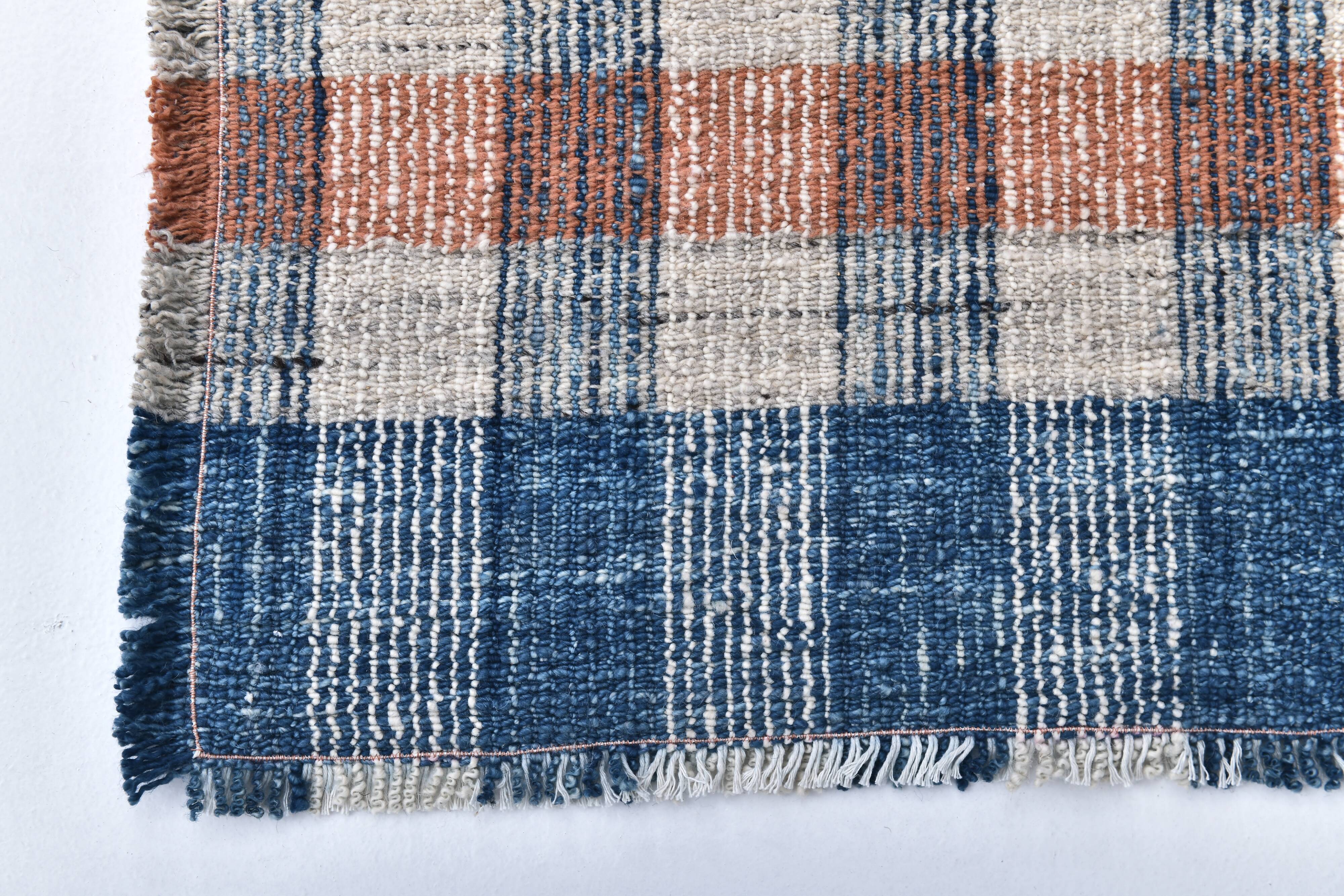 85x325 cm Runner Rug, Blue Terracota Hand made Rug, Made With Wool.