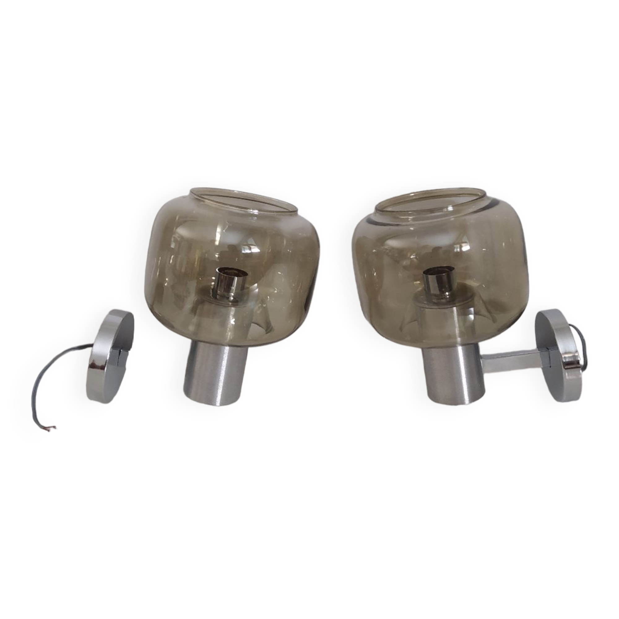 Pair of vintage chrome wall lights with smoked glass globe