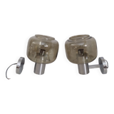 Pair of vintage chrome wall lights with smoked glass globe