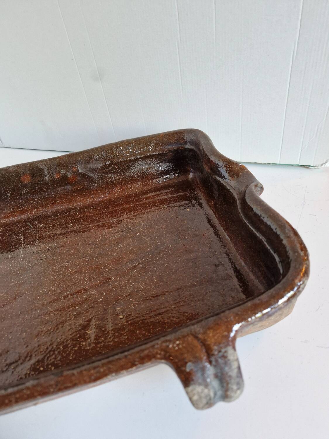 Ancien Plat À Jus Lechefrite 19e Terre Cuite Vernissée Art Populaire