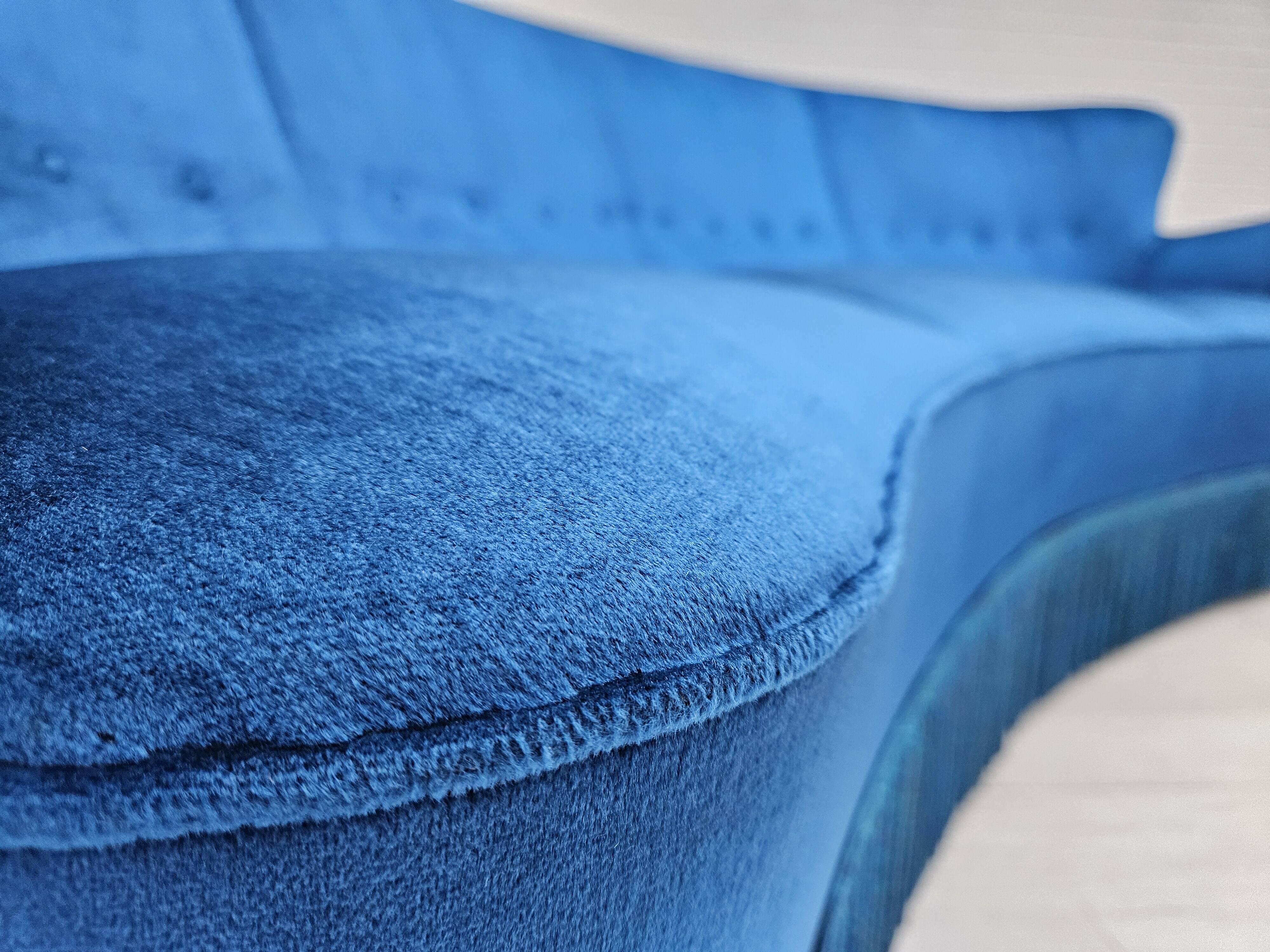 1960s, Danish 3-seater curved sofa, blue furniture velour, beech wood legs.