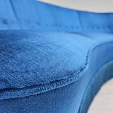 1960s, Danish 3-seater curved sofa, blue furniture velour, beech wood legs.
