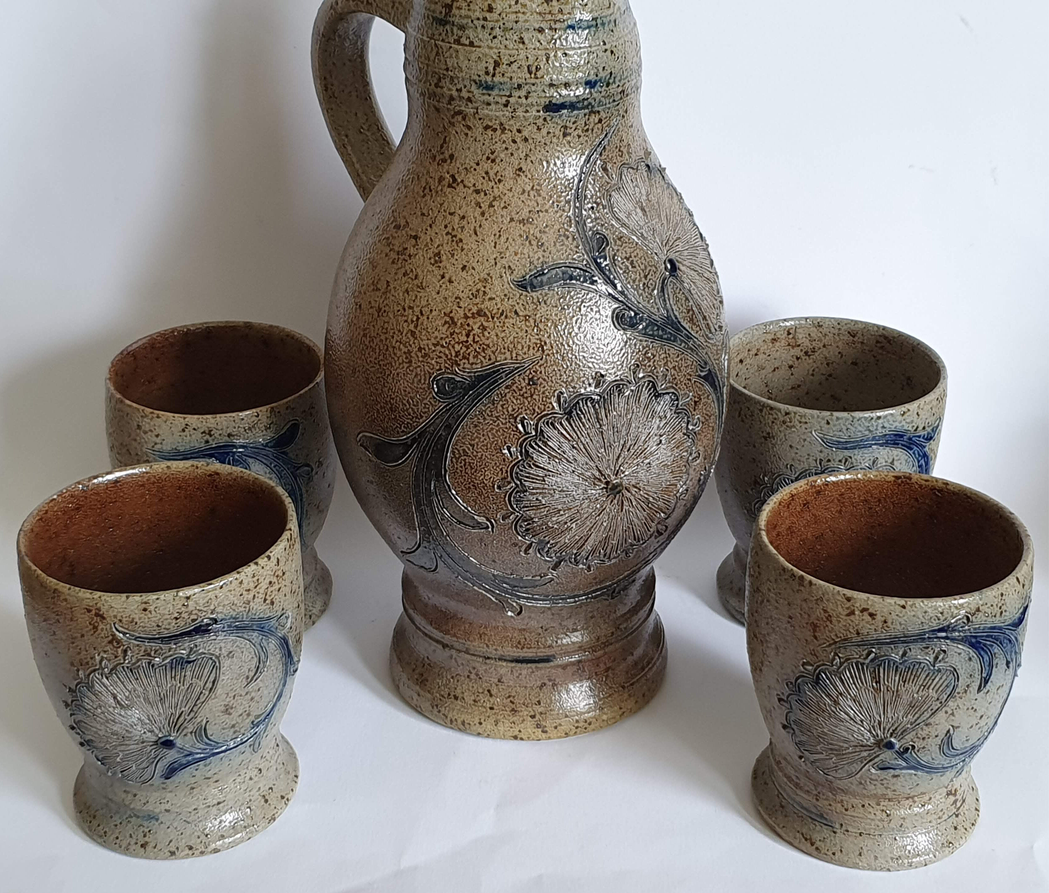 Sandstone pitcher and four cups by Loys Ruhlmann Betschdorf
