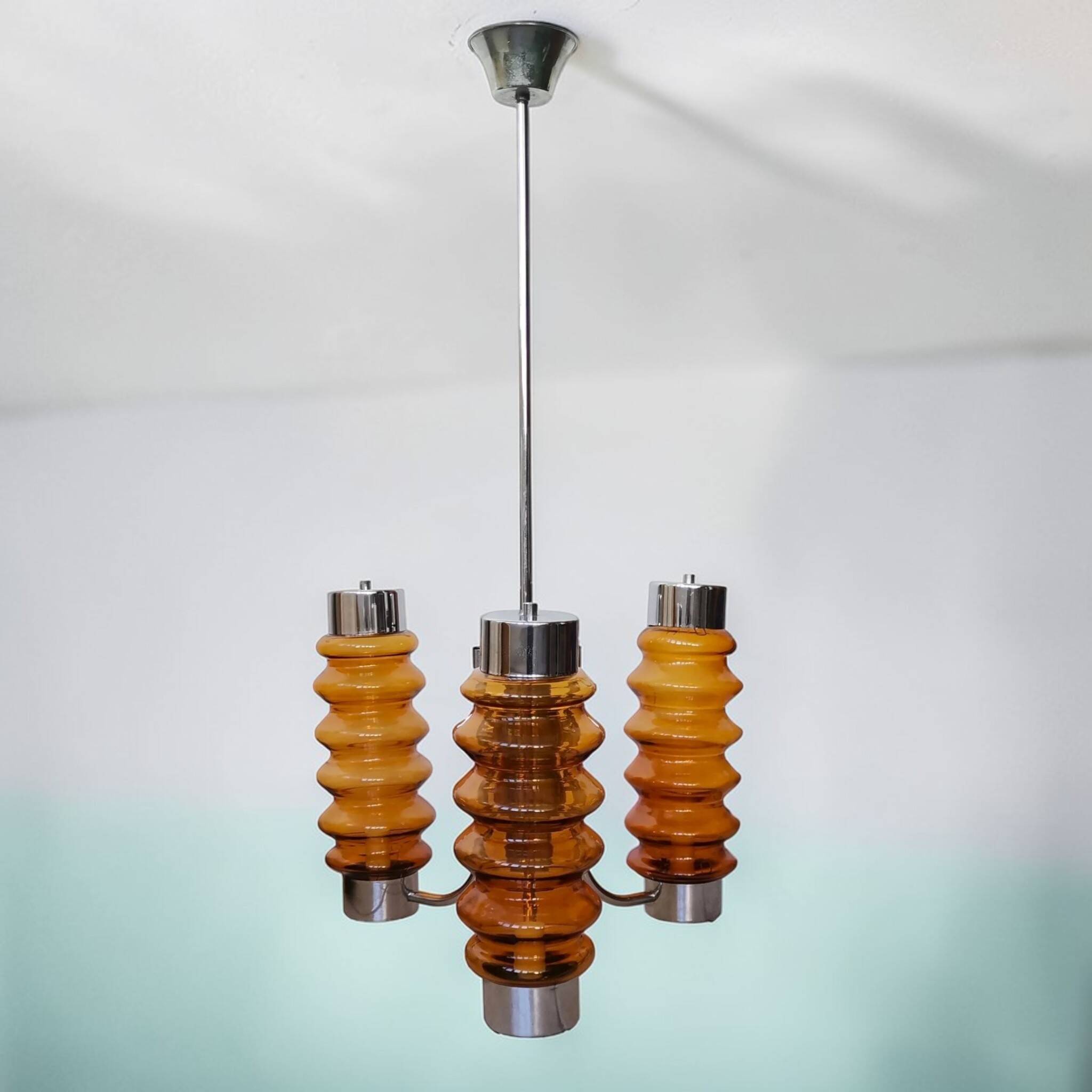 Mid Century Modern large chandelier with amber glass