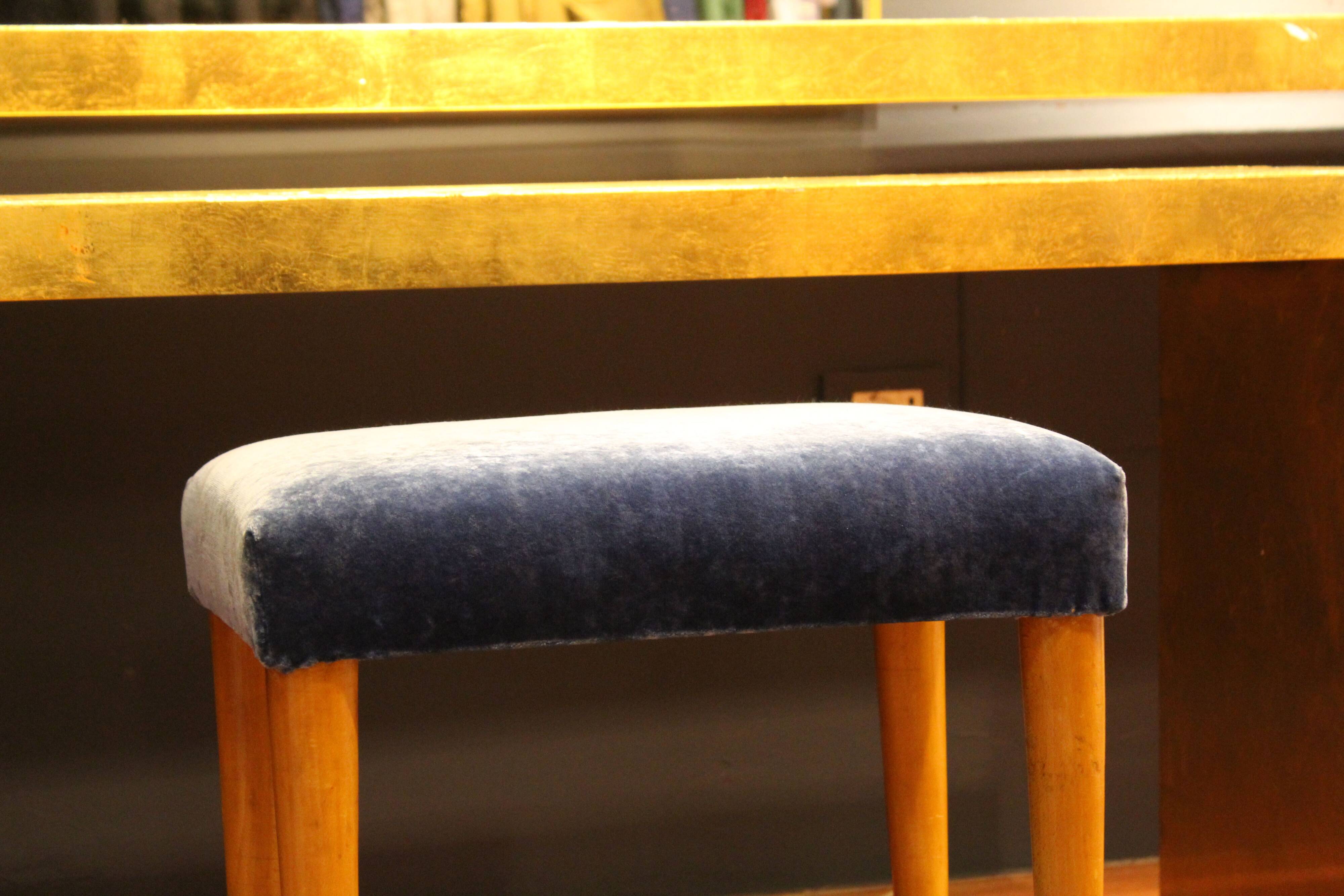 Panca vintage in wood and velluto blue Italia 1950s