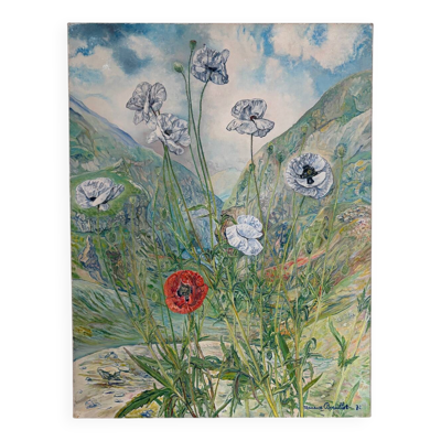 Le pied de coquelicots blanches, signé Maurice Bouillot 1972