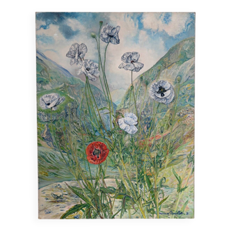 The foot of white poppies, signed Maurice Bouillot 1972