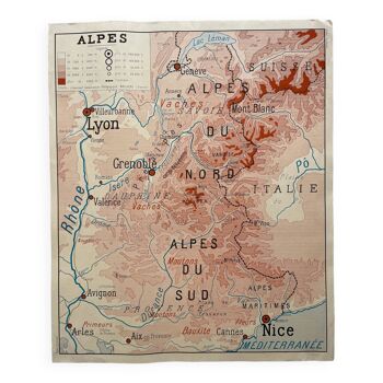 Original vintage poster, map scolaire alpes/pyrénnées, france, éditions rossignol années 50-60