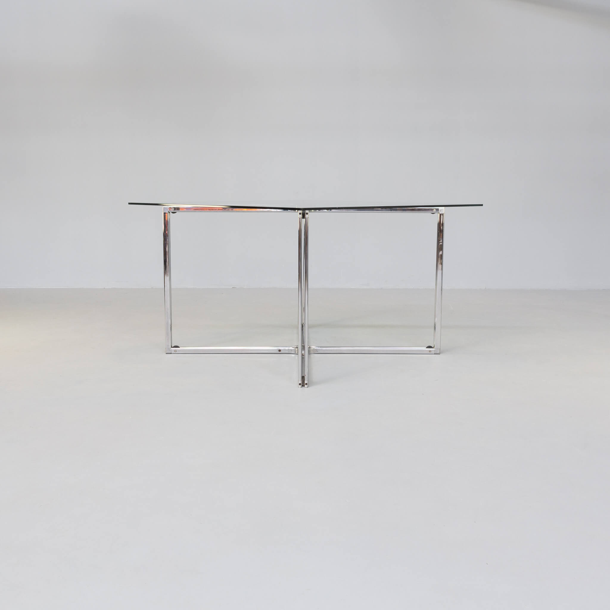 80s Chrome cross framed dining table glass table top