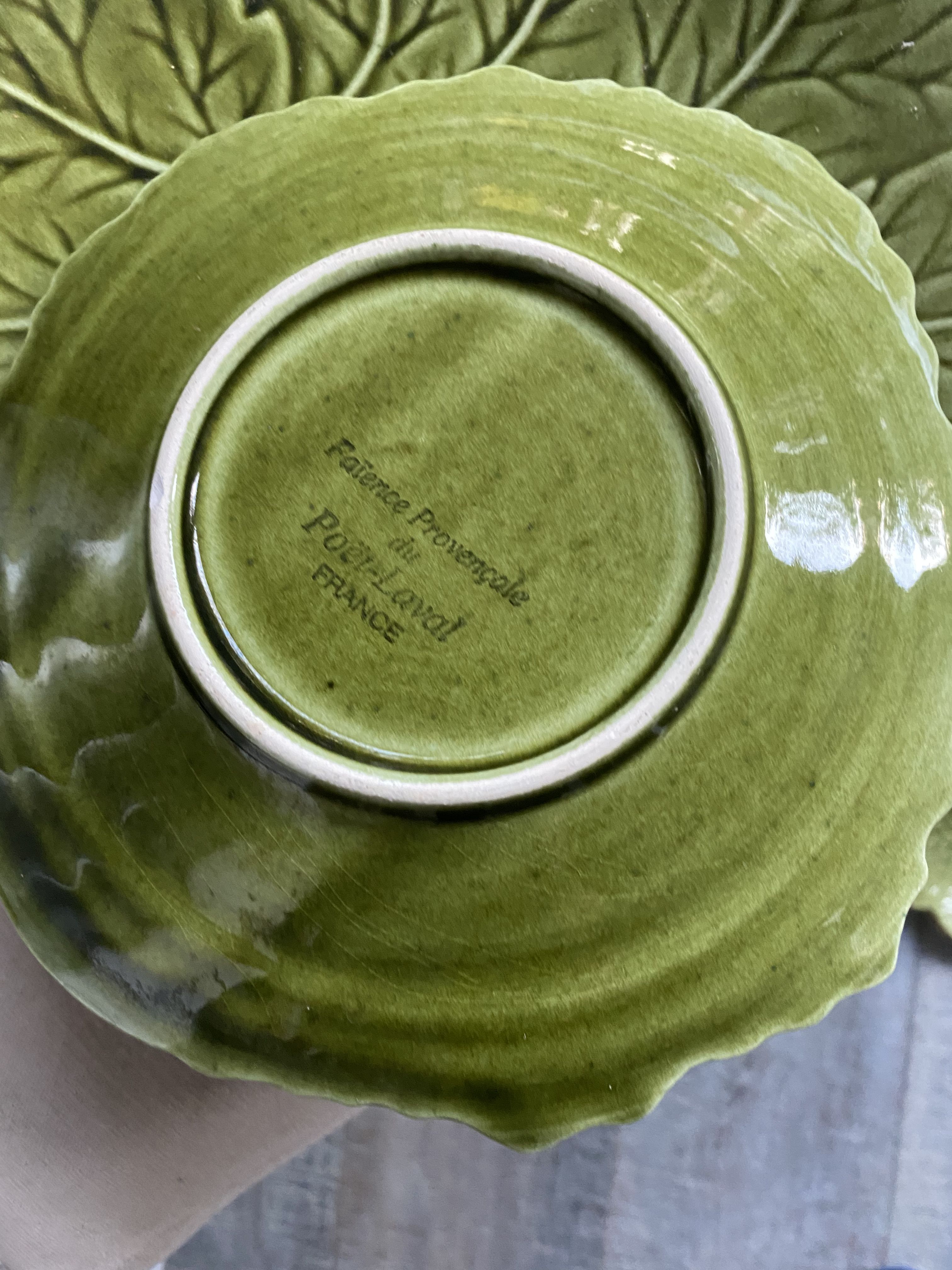 Lot of 3 flat Provencal earthenware Poet-Laval green leaves