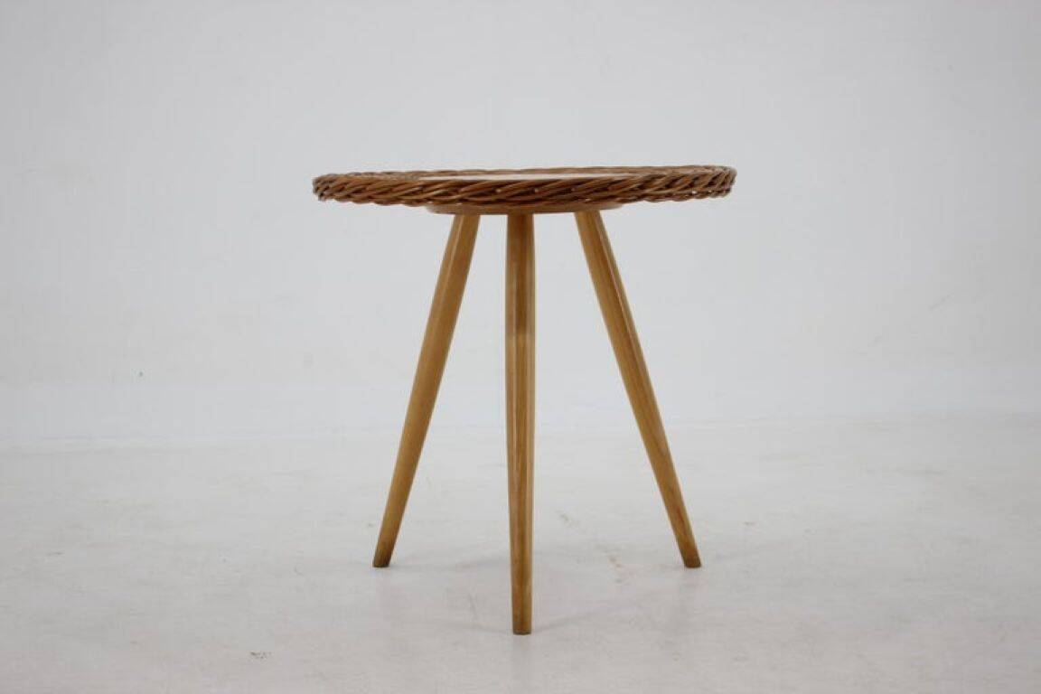 1970s Czech Wicker and Wood Side Table by Jan Kalous for ÚLUV