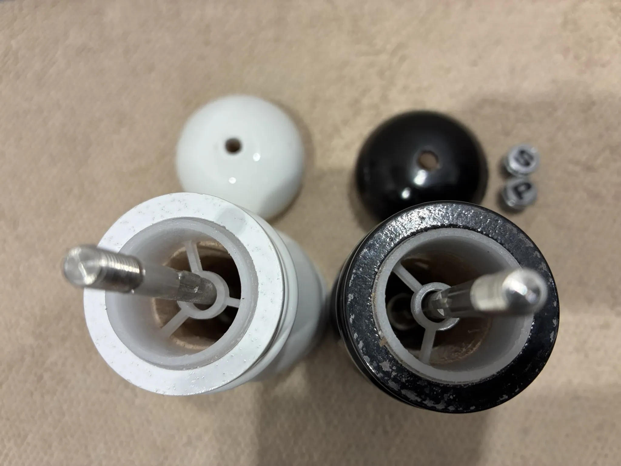Peugeot Paris salt and pepper mills, white and black lacquer, unused