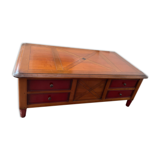 Table basse, merisier semi antiquaire laqué rouge