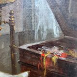 HST painting "Family portrait: the embroiderer" signed Marolles 19th century