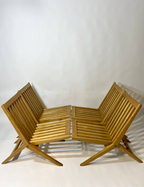 Chaises ciseaux en bois massif design vintage années 1970