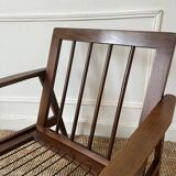 Scandinavian style armchair in wood and ecru fabric, 1950-1960