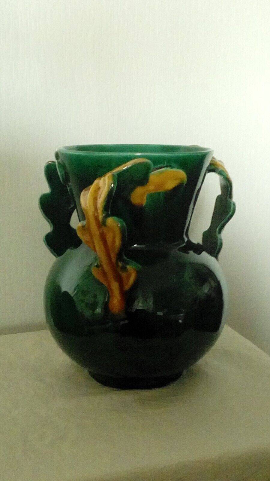 Earthenware vase with 3 handles of Vallauris oak leaves, 1950s vintage