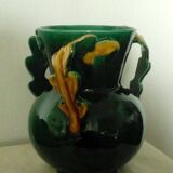 Earthenware vase with 3 handles of Vallauris oak leaves, 1950s vintage