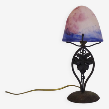 Le Verre Français Art Deco mushroom lamp, wrought iron and glass paste