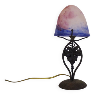 Le Verre Français Art Deco mushroom lamp, wrought iron and glass paste