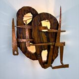 Pair of Brutalist wood & copper wall sconces, Italy, 1970s